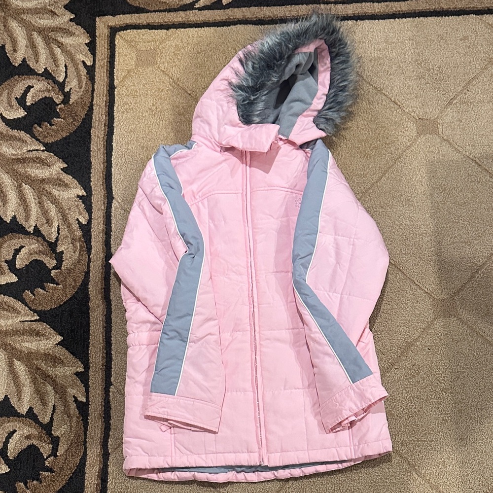 Pink and Gray Kids Winter Jacket with Faux Fur Hood